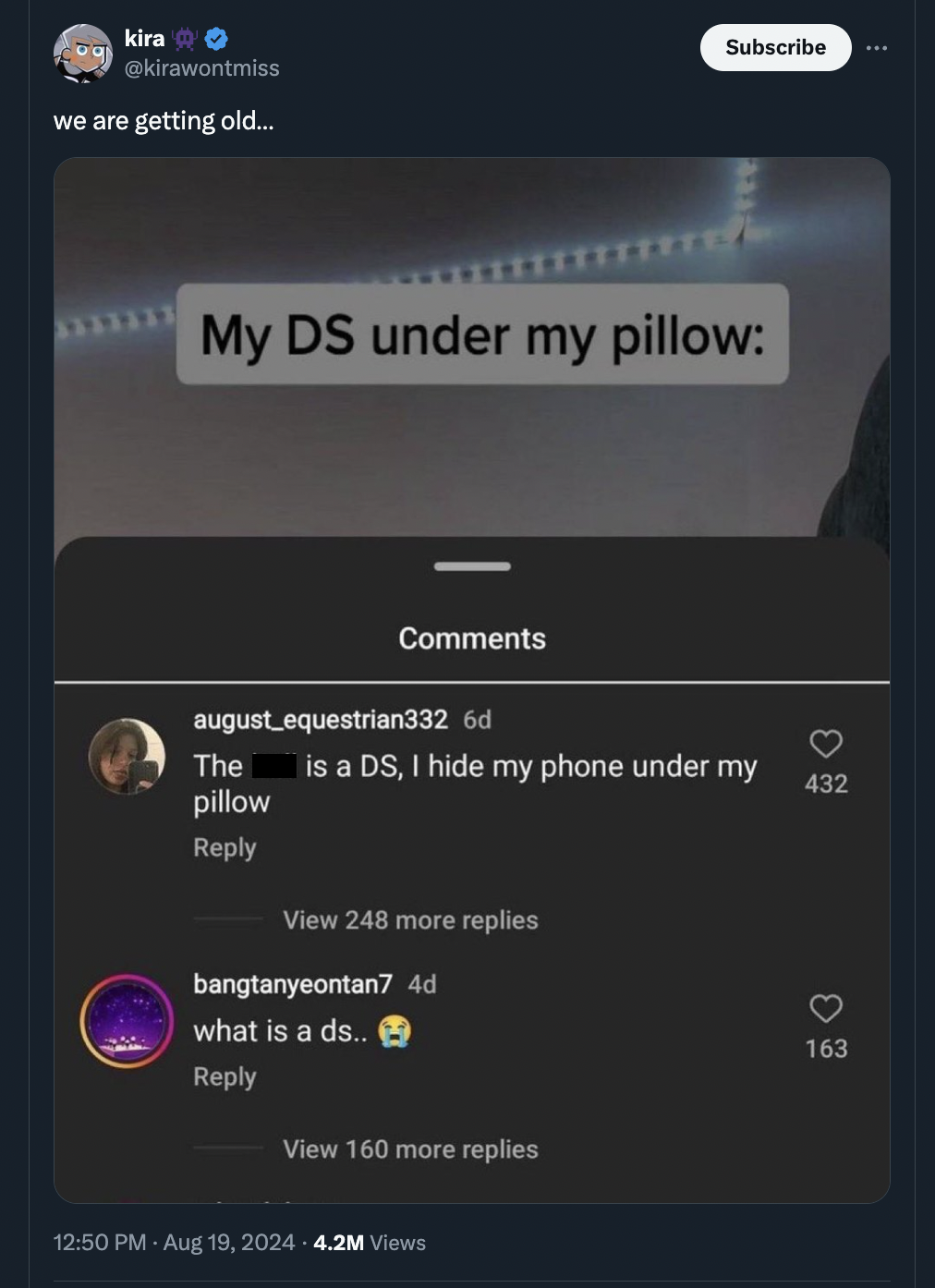 screenshot - kira we are getting old... Subscribe My Ds under my pillow august equestrian332 6d The is a Ds, I hide my phone under my 432 pillow View 248 more replies bangtanyeontan7 4d what is a ds.. View 160 more replies 4.2M Views 163